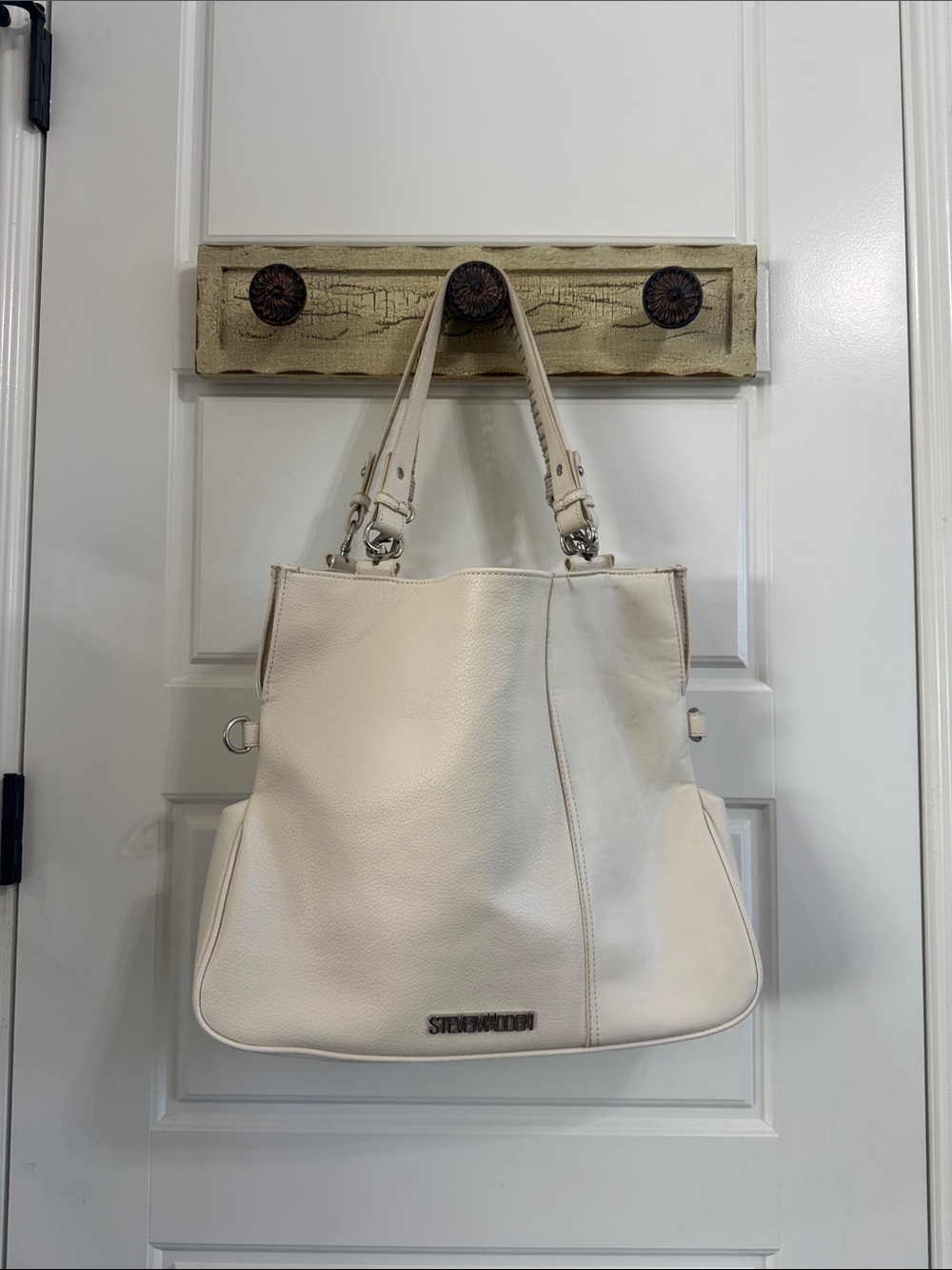 💕 Steve Madden Ivory/Cream Faux Leather Hobo Shoulder Bag Purse Triple Strap ✨